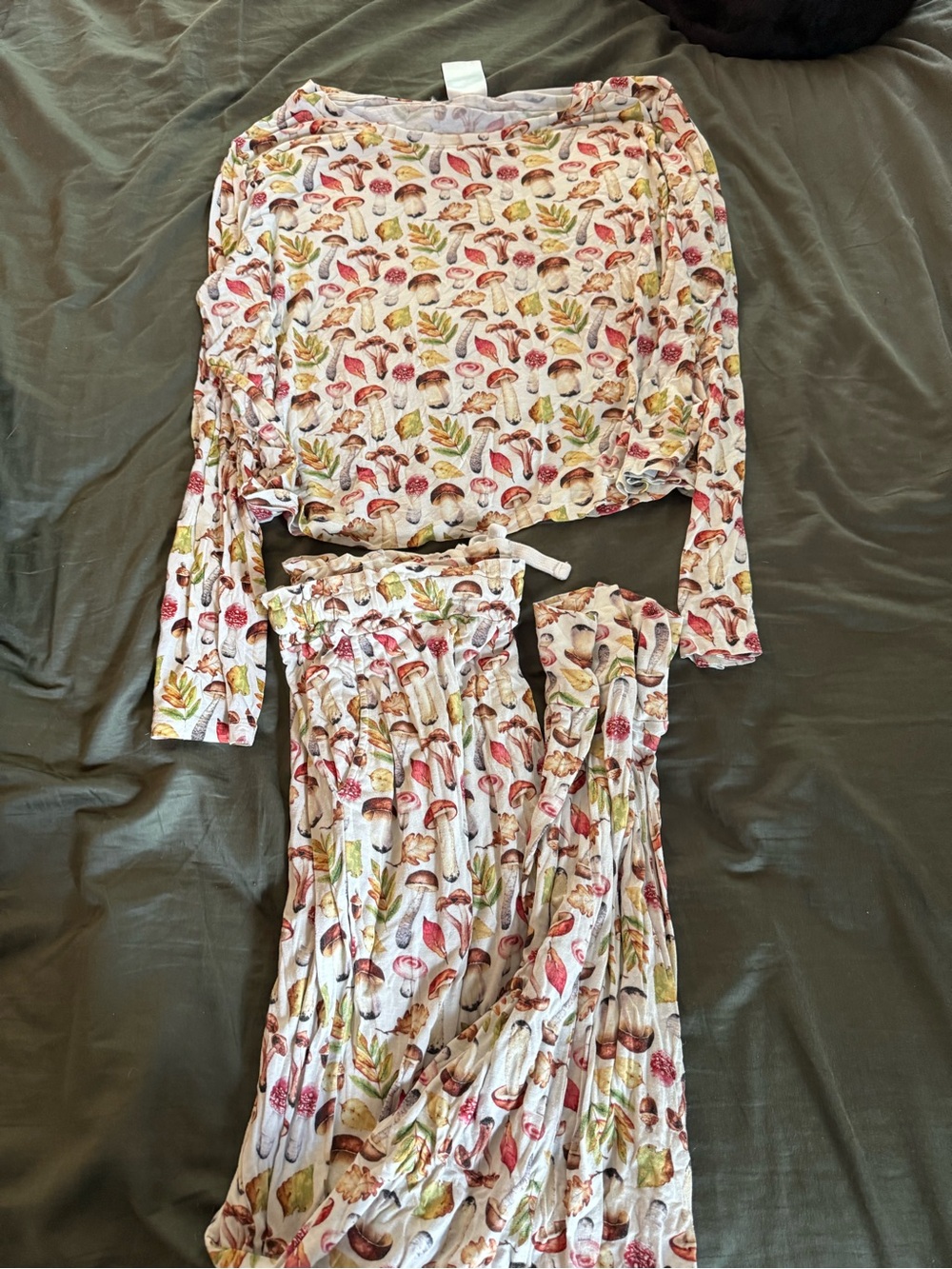 Posh Peanut Cream Mushroom & Leaf Print Two-Piece Pajama Set - Picture 2 of 5